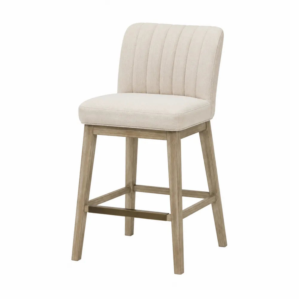 Tabouret de bar avec dossier cannelé assise rembourrée tissu polyester beige hévéa massif chêne clair repose-pieds laiton 45 cm x 54 cm x 108 cm
