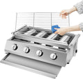 Grill à gaz portable en inox avec 4 brûleurs pour extérieur et camping, grille robuste, compartiment intégré