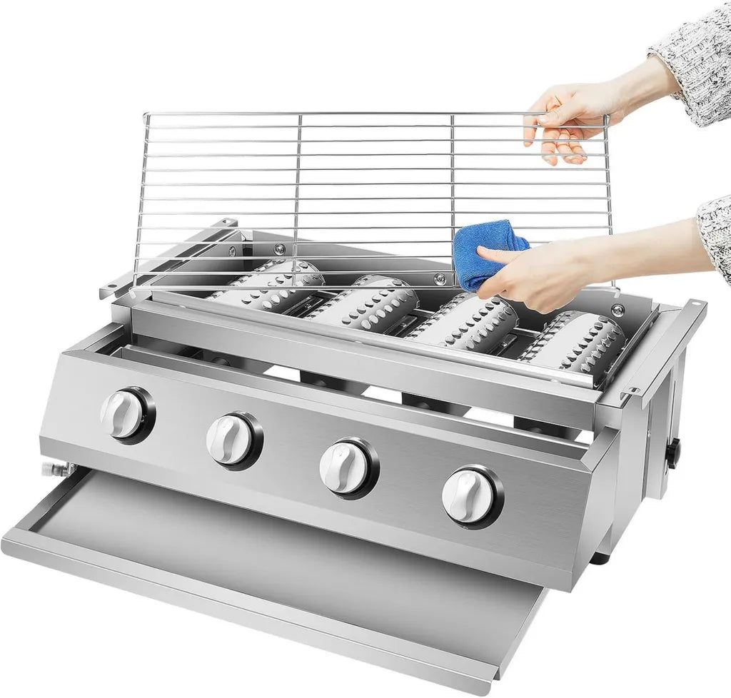 Grill à gaz portable en inox avec 4 brûleurs pour extérieur et camping, grille robuste, compartiment intégré