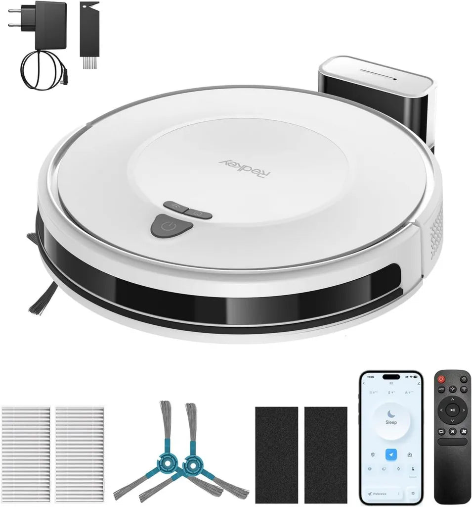 Aspirateur Robot Redkey E6, 7000 Pa, 170 Min d'Autonomie, Station de Charge Incluse, Télécommande et Application, Parfait pour Poils d'Animaux, Tapis et Sols Durs