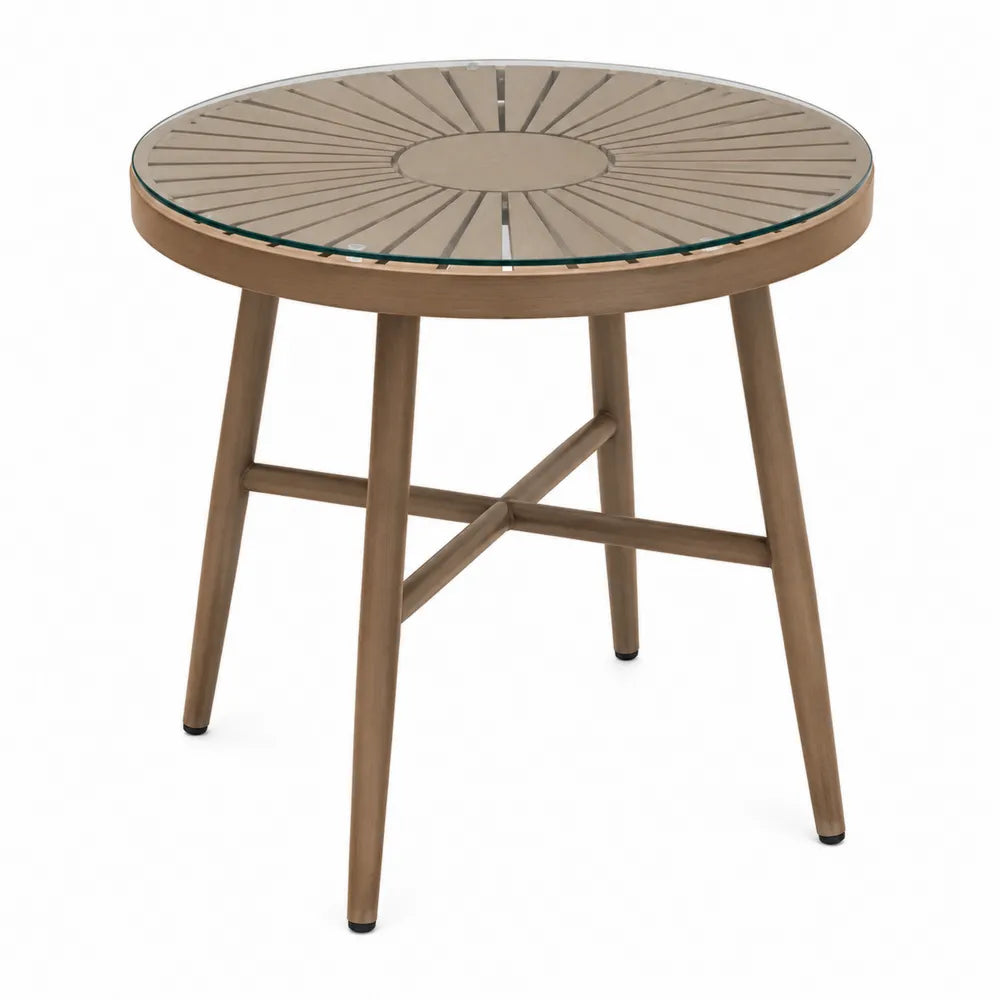 Table de jardin ronde diamètre 100 cm hauteur 75 cm acacia massif et verre trempé transparent avec pieds acacia