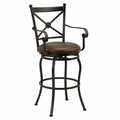 Tabouret de bar pivotant avec accoudoirs dossier croisé assise ronde rembourrée en simili cuir PU brun foncé structure en acier noir 55 cm x 55 cm x 112 cm