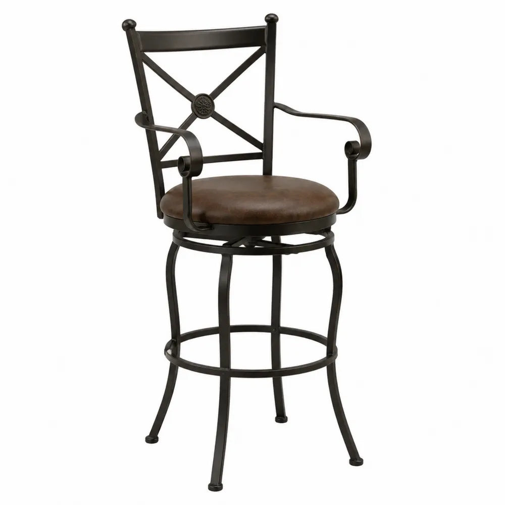 Tabouret de bar pivotant avec accoudoirs dossier croisé assise ronde rembourrée en simili cuir PU brun foncé structure en acier noir 55 cm x 55 cm x 112 cm