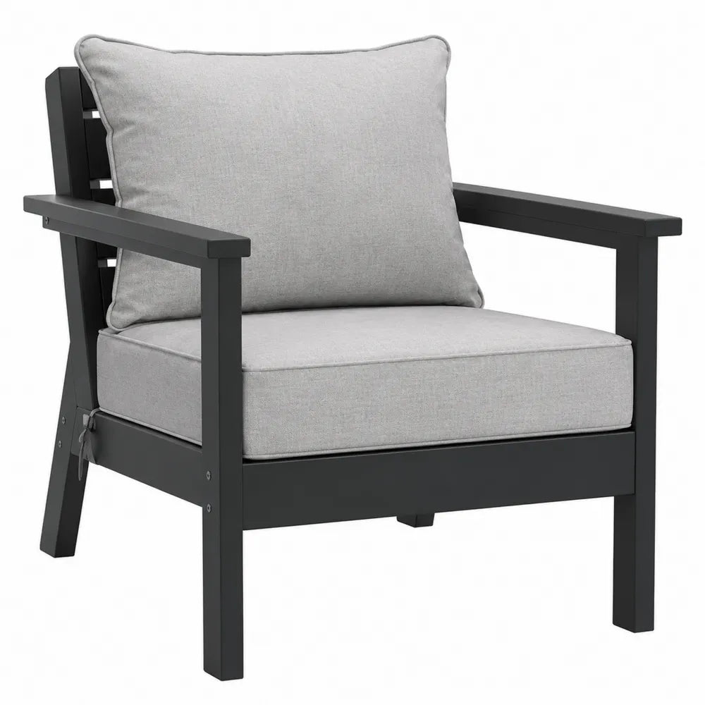 Fauteuil de jardin 1 place avec accoudoirs droits 75 x 82 x 86 cm HDPE noir coussins polyester gris dossier à lattes