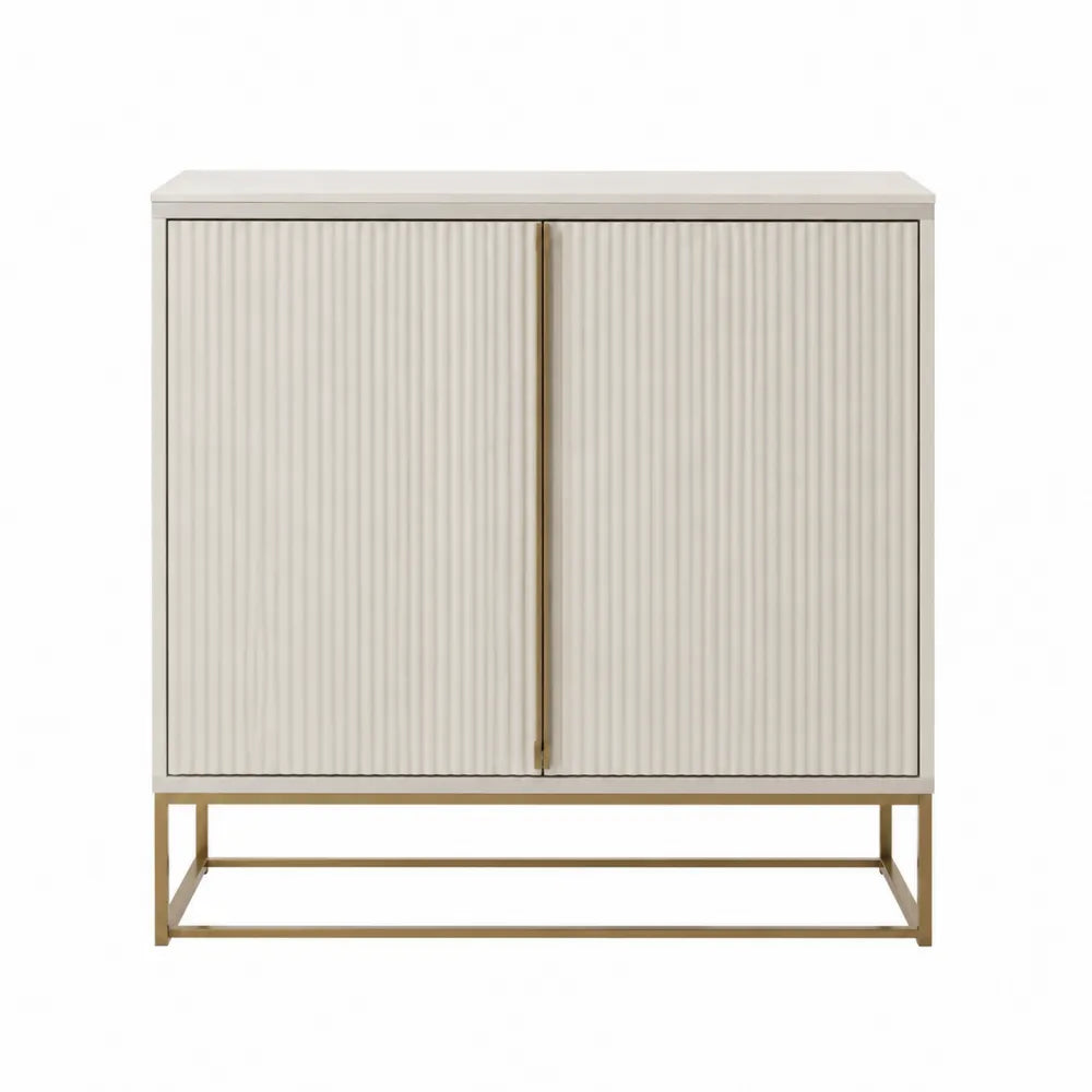Buffet de rangement rectangulaire 2 portes façades rainurées MDF blanc cassé piètement en acier doré 100 cm x 35 cm x 85 cm