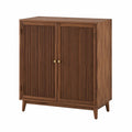 Meuble de rangement rectangulaire 2 portes à lattes panneaux de particules décor noyer brun 90 cm x 35 cm x 85 cm