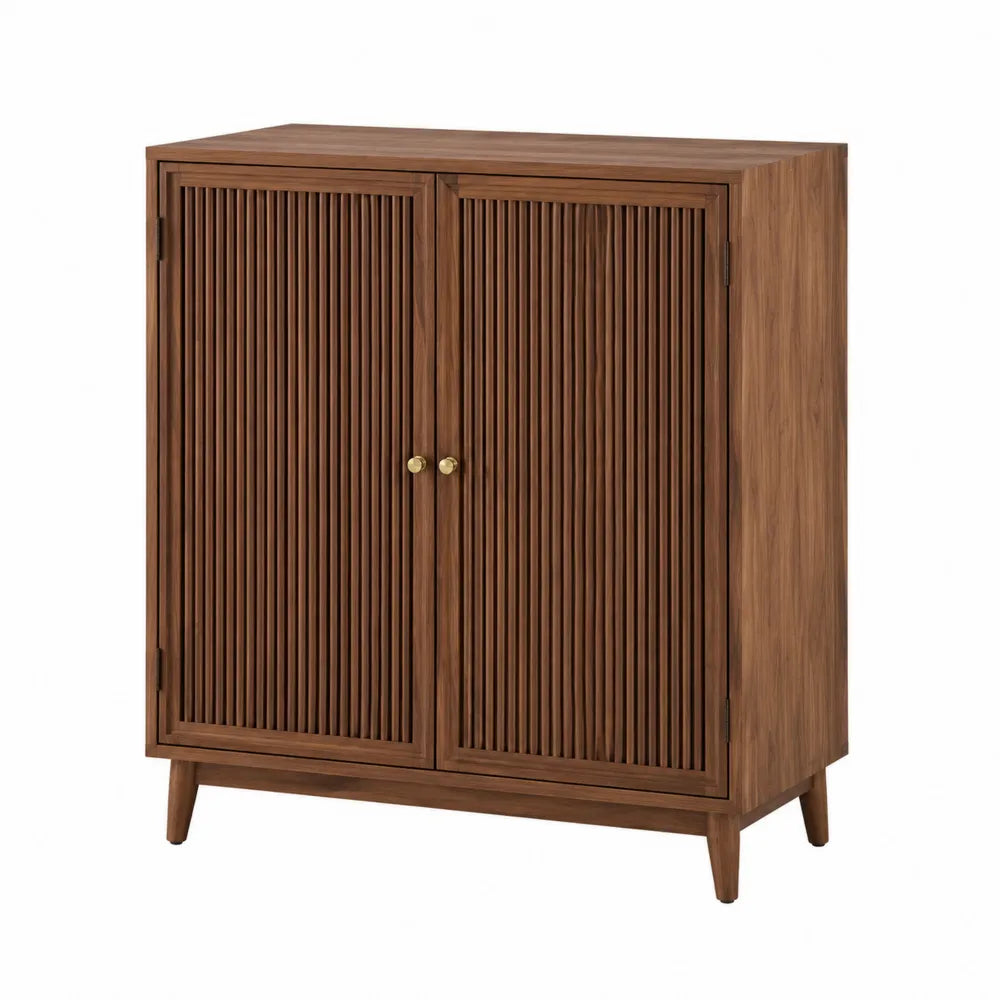 Meuble de rangement rectangulaire 2 portes à lattes panneaux de particules décor noyer brun 90 cm x 35 cm x 85 cm