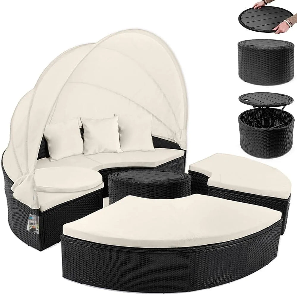 Salon de jardin et ensemble lounge – avec coussins, 185 cm, noir, en résine tressée