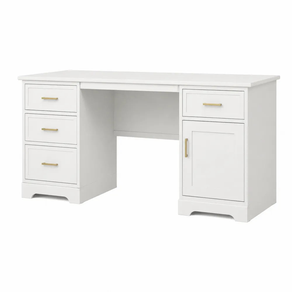 Bureau rectangulaire avec 4 tiroirs et 1 porte 140 x 60 x 76 cm MDF blanc doré