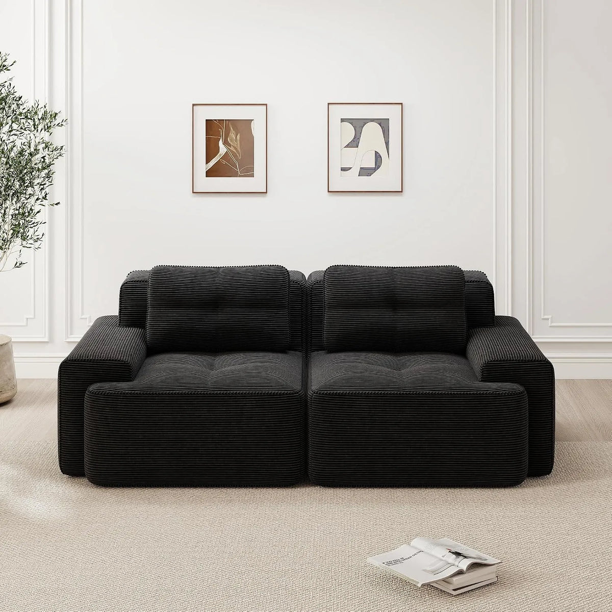 Canapé — modulaire, en velours côtelé, avec coussins, 2 Places, noir