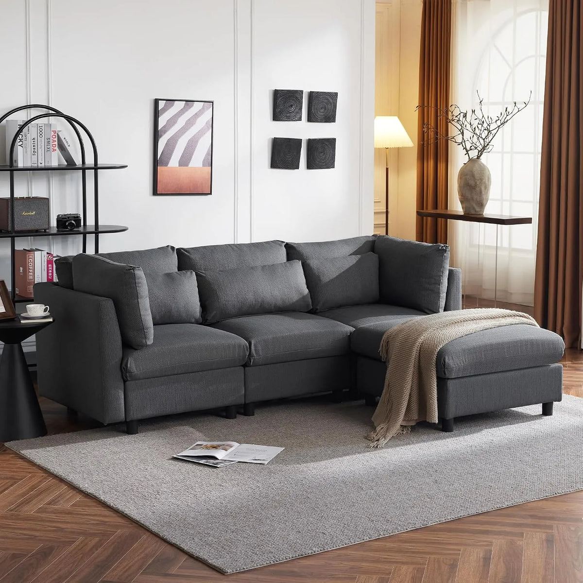Canapé d'angle et canapé panoramique — revêtement en tissu, avec coussins, 4 Places, gris