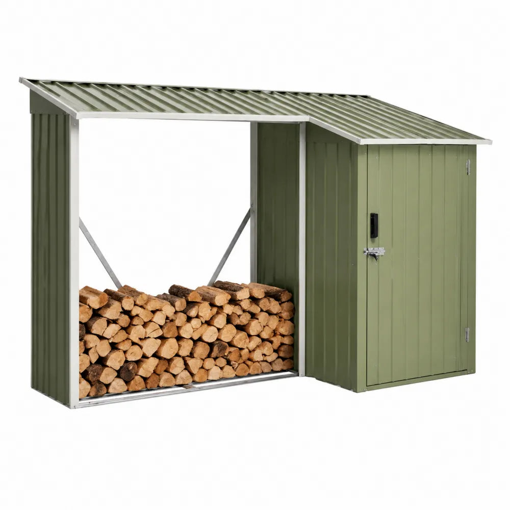 Abri de rangement extérieur rectangulaire avec bûcher et armoire 240 x 90 x 160 cm en acier galvanisé vert olive gris argent et noir