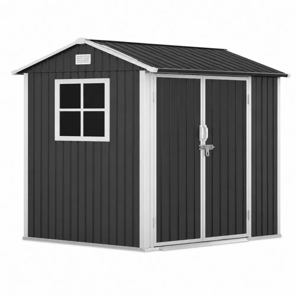 Abri de jardin de rangement rectangulaire 257 x 205 x 202 cm en acier galvanisé anthracite blanc et gris acier avec double porte et fenêtre