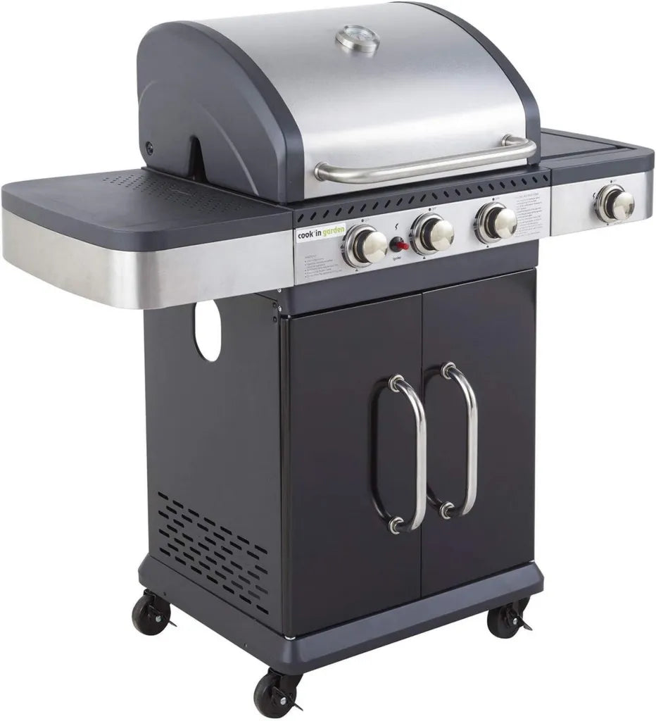 Barbecue à gaz FIDGI 3 avec 3 brûleurs et réchaud - 11,5KW avec thermomètre, grille et plancha