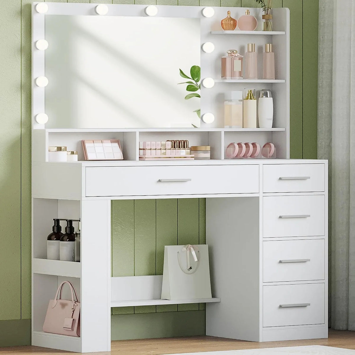 Hzuaneri 108 cm Coiffeuse et table de maquillage avec Grand Miroir HD: DT42603XEU, avec rangement, avec tiroirs, affichage LED, 5 Tiroirs, blanc