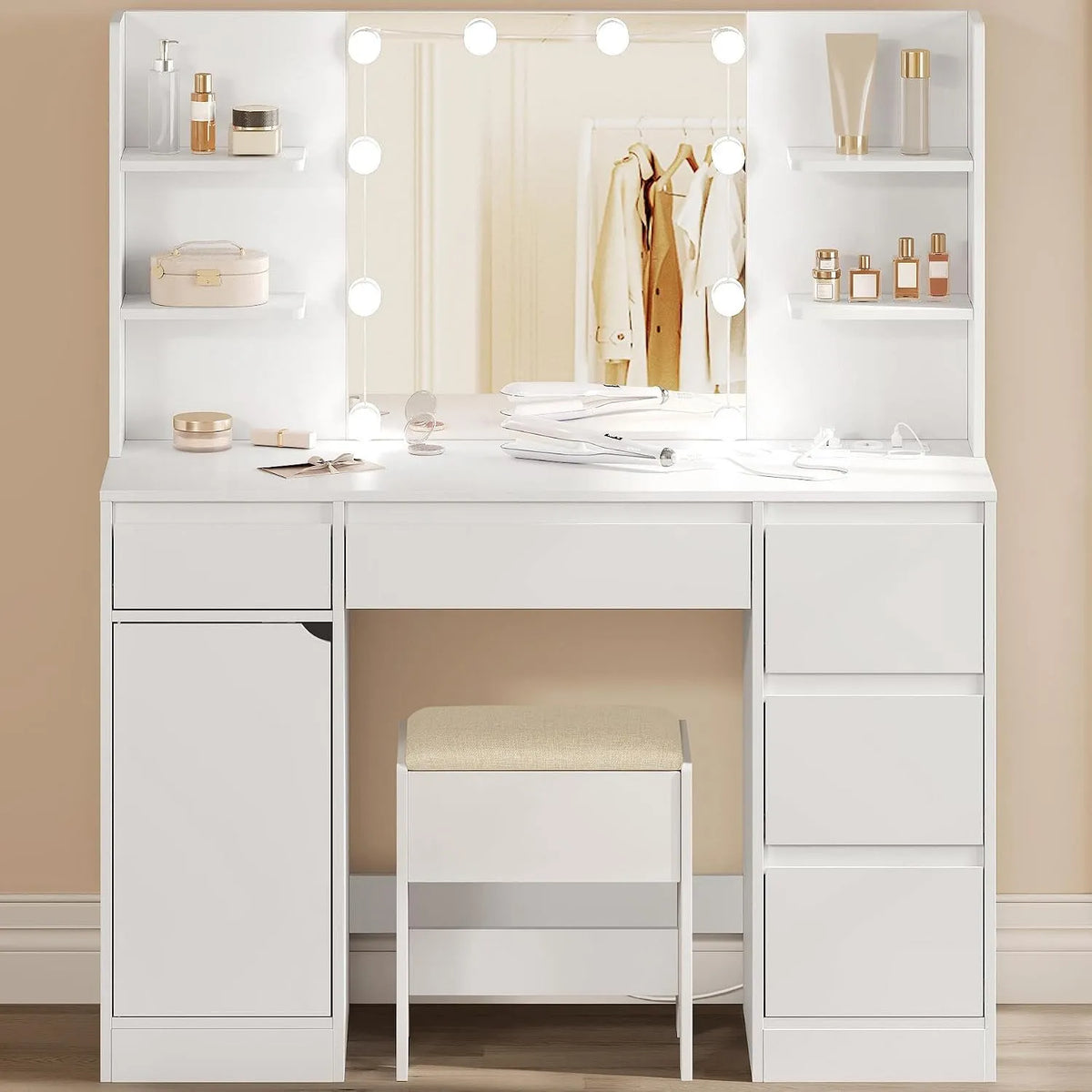 Armoire de rangement — en bois, avec tiroirs, avec Bibliothèque et étagère de rangements, réglable, 5 Tiroirs, blanc, avec étagères