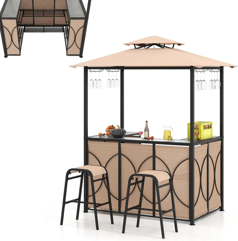 Abri de Barbecue HOMASIS avec Comptoir et Tabourets, Tonnelle Extérieure Imperméable et Ignifuge, 194x121x242 cm