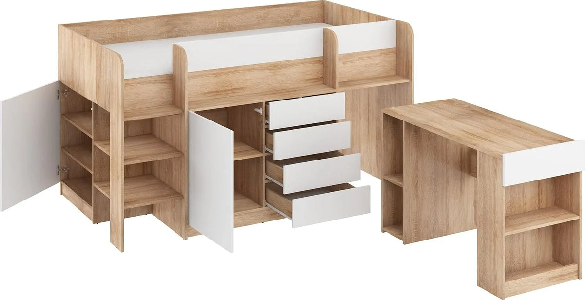 Bureau et table informatique: Smile, pour enfant, angle gauche, avec tiroirs, avec escalier, 90 × 200cm, blanc