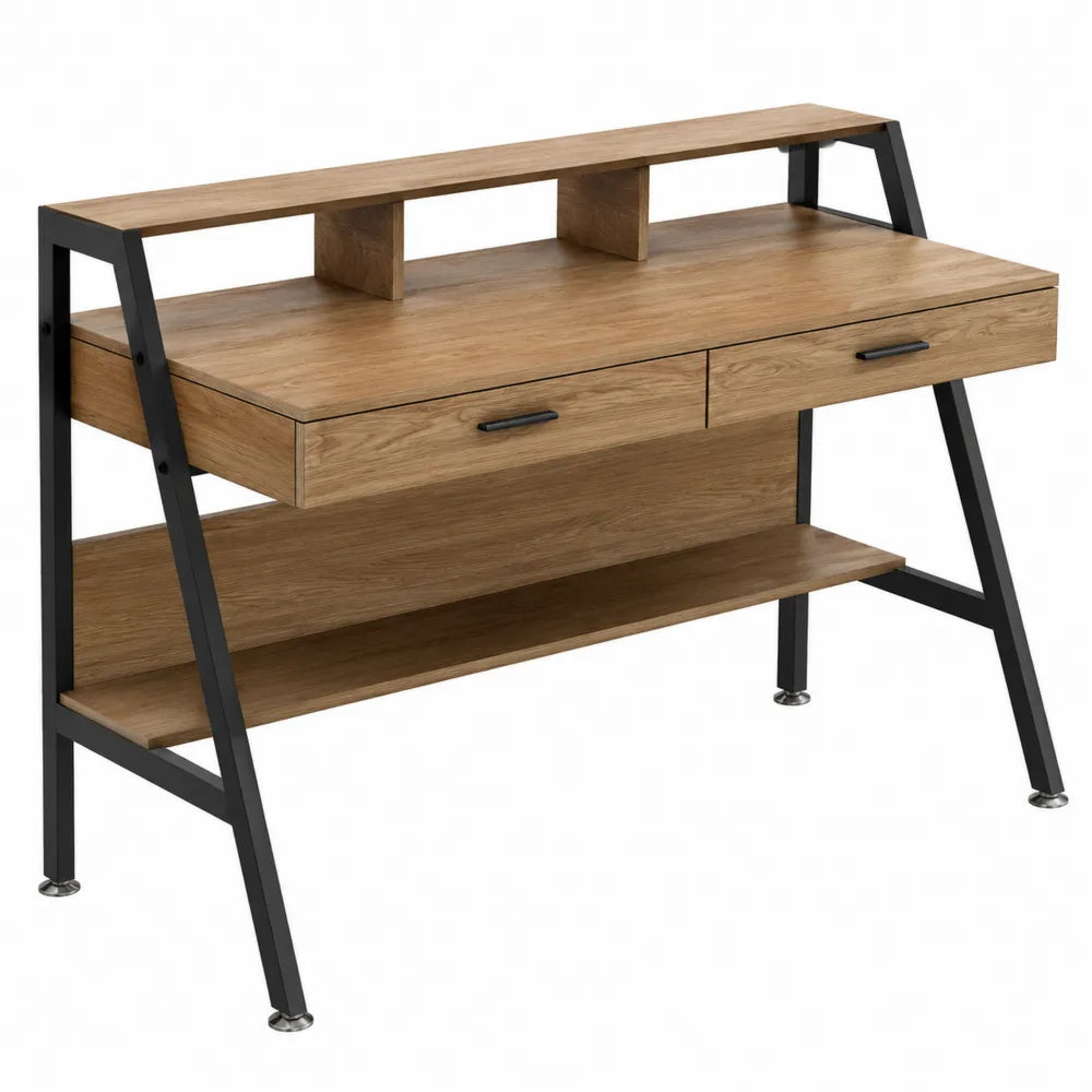 Bureau informatique avec 2 tiroirs et étagères 120 x 55 x 92 cm panneaux MDF mélaminés acier rectangulaire chêne marron noir