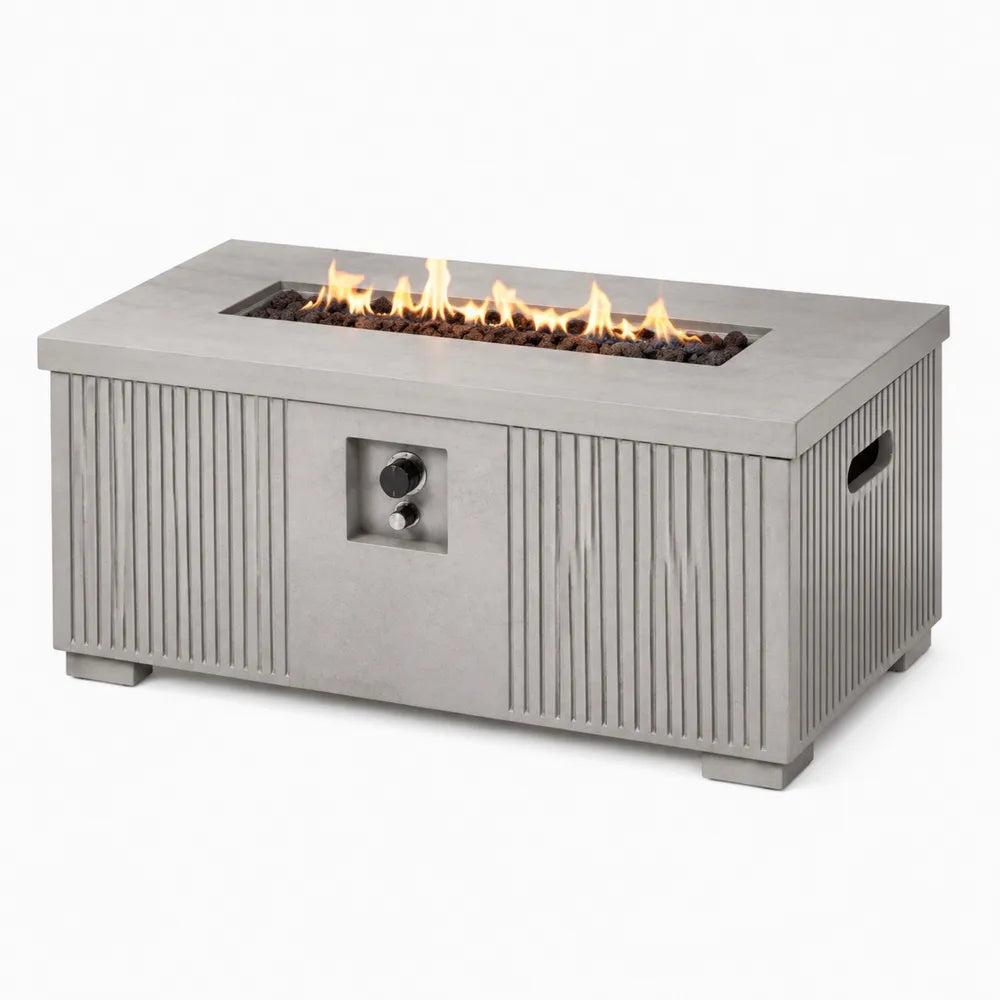 Table brasero à gaz rectangulaire 120 x 60 x 45 cm en béton fibré gris avec foyer en acier inoxydable et pierres de lave
