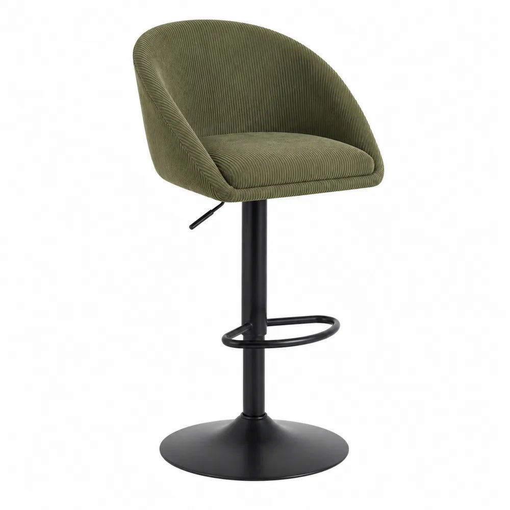 Tabouret de bar réglable pivotant avec dossier et accoudoirs assise rembourrée en velours côtelé polyester vert olive base en acier noir 56 cm x 54 cm x 92-113 cm