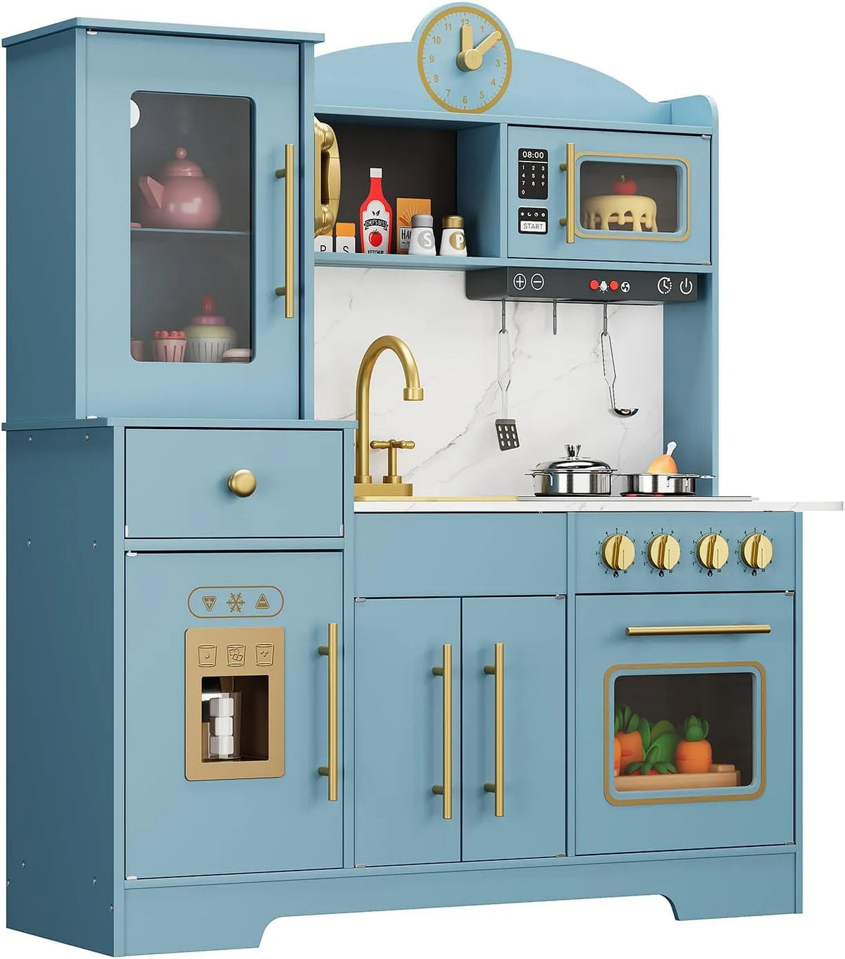 Cuisinière avec four, bleu, Jouet d'Imitation pour Garçons et Filles dès 3 Ans, 11 Accessoires, Garvee Cuisine Enfant en Bois Grande Taille, Évier