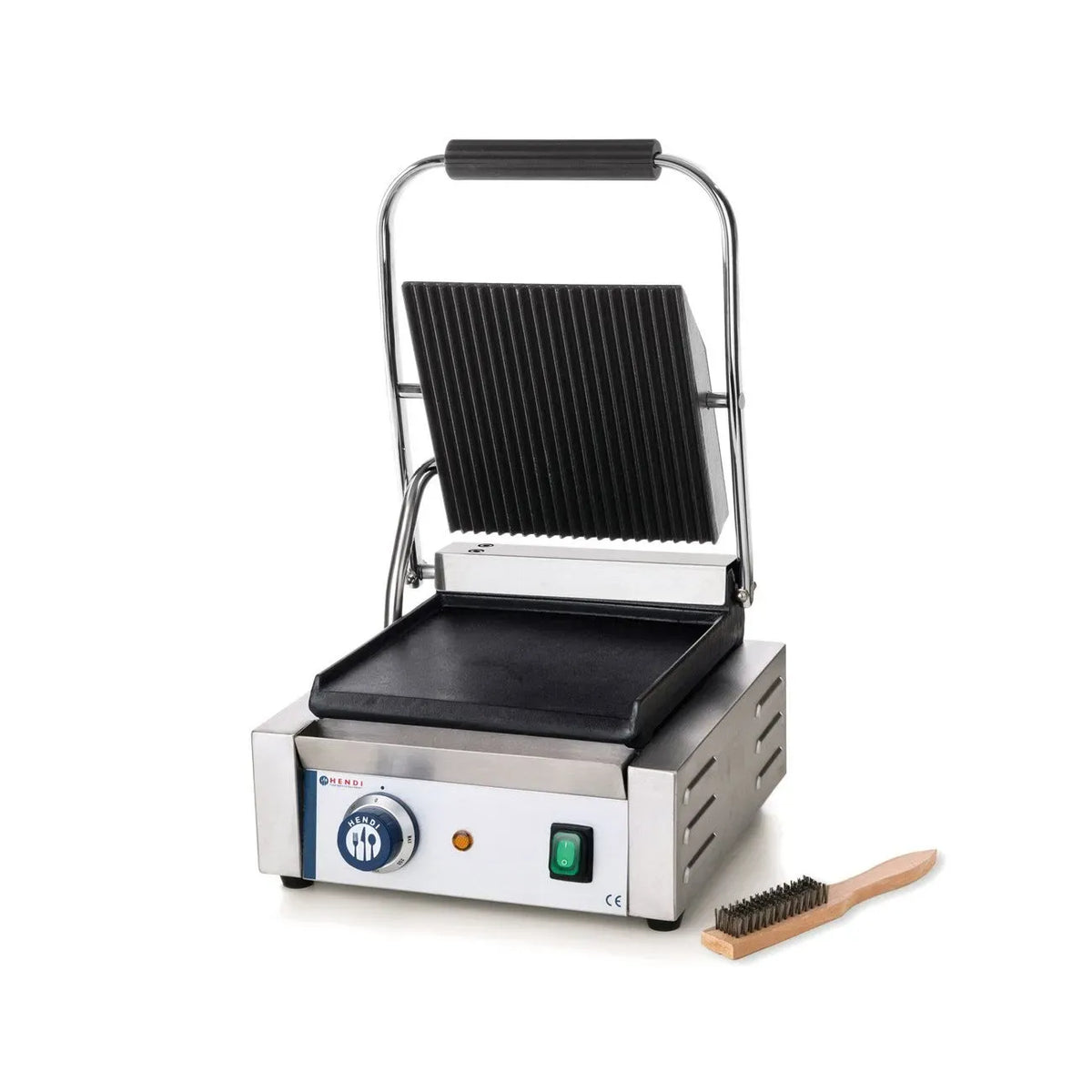 Gril de Contact Électrique, Plaques Lisse et Rainurées en Fonte Émaillée, pour Plaque Panini Professionnel, 230V, 1800W, 310x375x, Acier Inox, 216mm