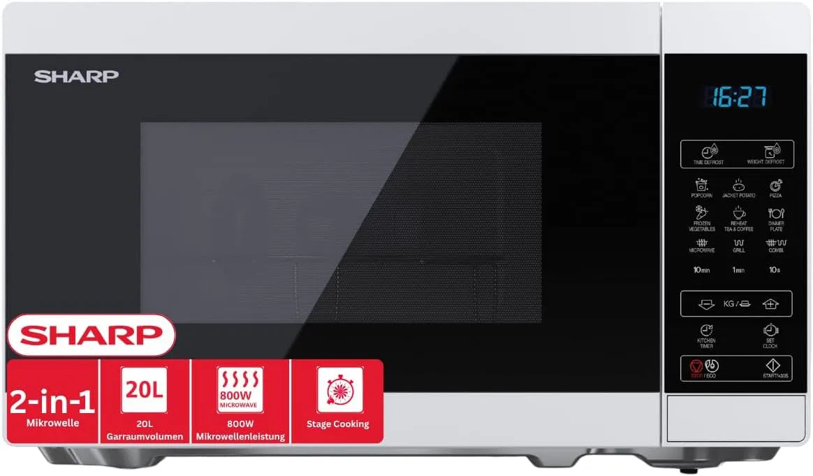 Sharp YC-MG02EW Micro-ondes, 20 L, gril, four micro-ondes, blanc, 20 litres commandes numériques Comptoir