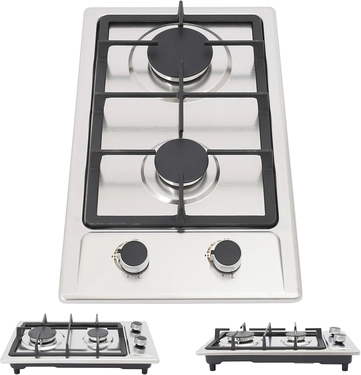 Plaque de cuisson à gaz, 51 x 31 x 10 cm, 2 foyers, encastrable, portable, camping, acier inoxydable, table de cuisson à gaz, 75 kW, 3 kW + 1