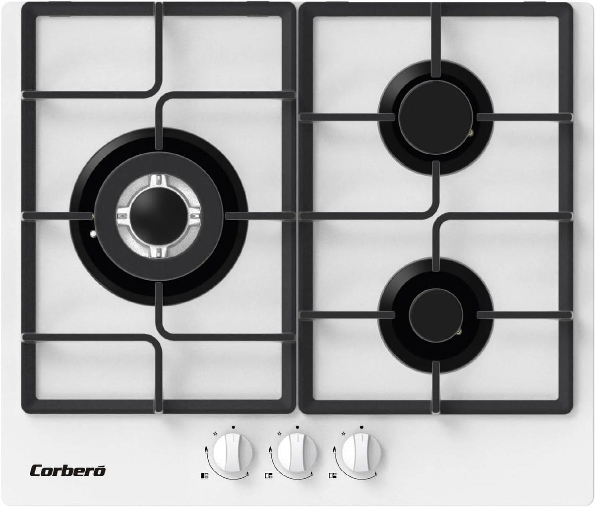 Plaque de cuisson à gaz CPCGM3F3126W, 60 cm, 3 foyers, table de cuisson à gaz, blanc, 05 kW, 3 zones, Puissance 6, Couche de protection Clean+