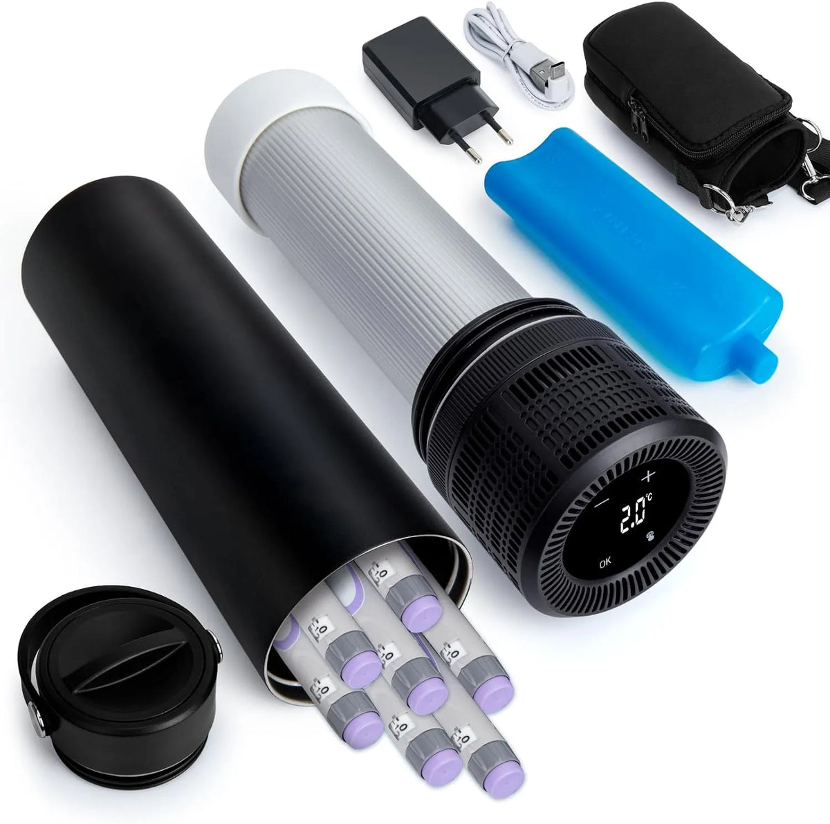 Glacière électrique, 2 à 8 °C, USB, 2 zones de température, transport d'insuline et de médicaments, mini frigo portable, noir, Bouteille Isotherme
