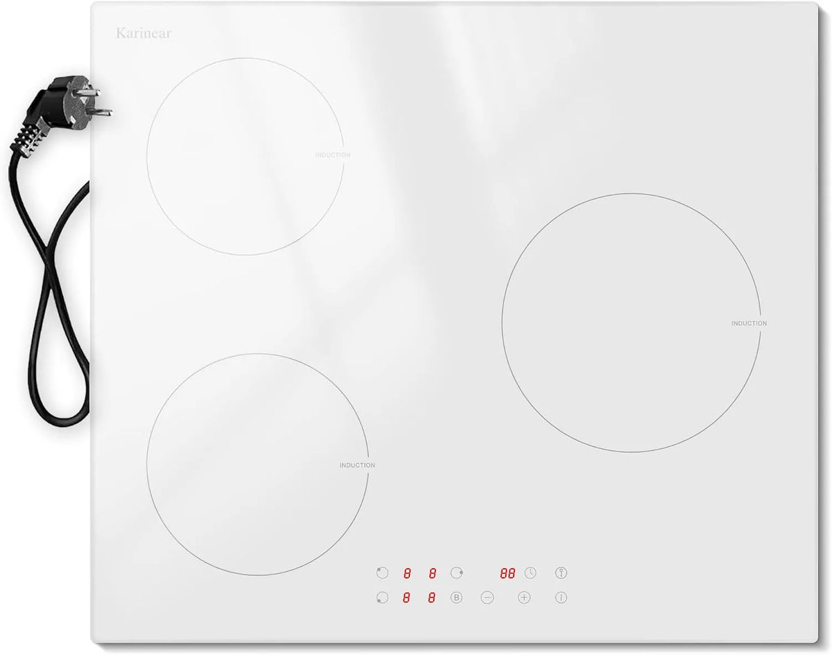 Plaque à induction, 59CM, 3 foyers, 3500 W, 220 V, table de cuisson à induction, Boost, tactile, encastrable, minuteur, blanc, Karinear Plaque