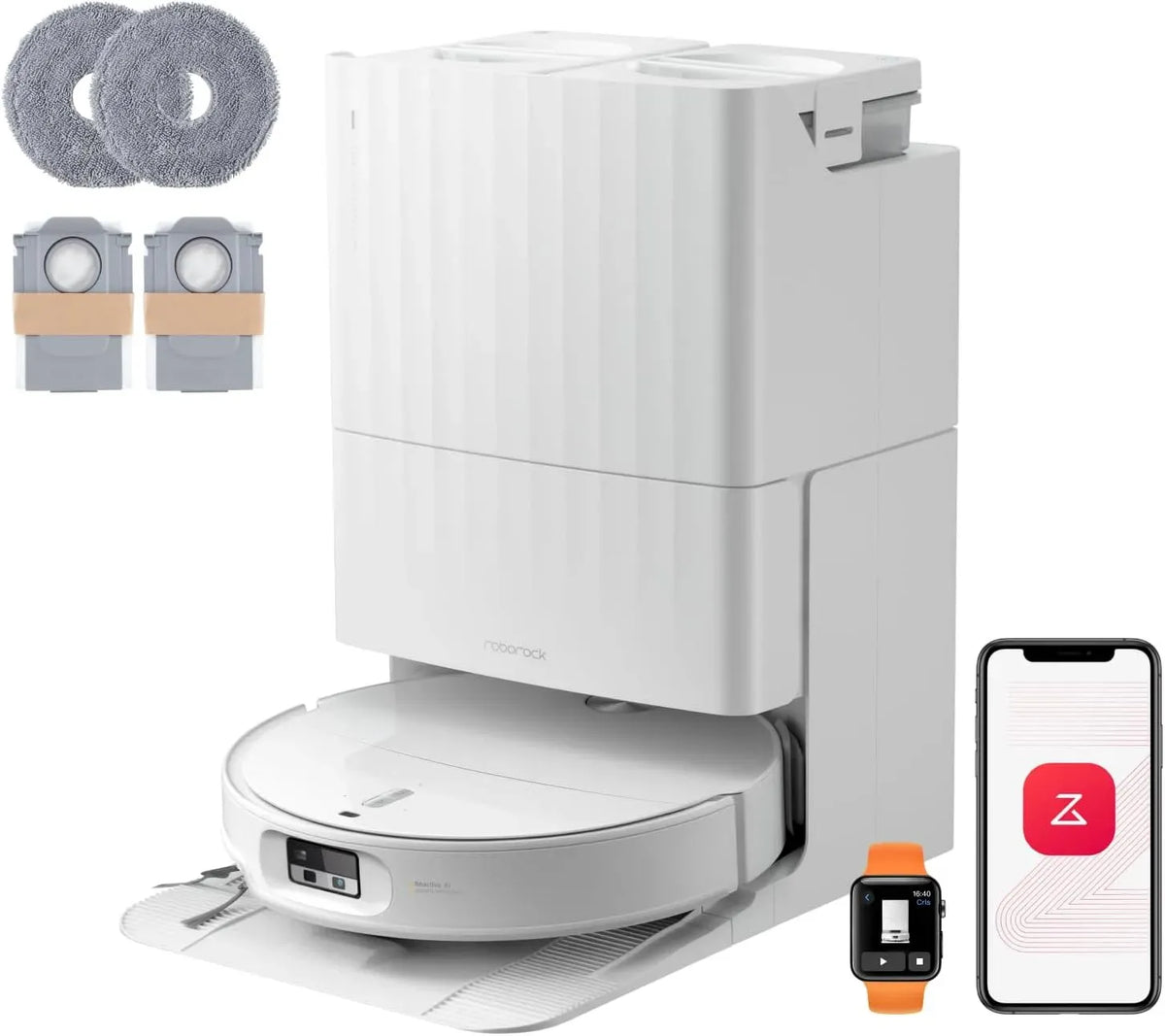 Robot aspirateur, blanc, Lavage des Serpillières à l'eau Chaude à 80°C, 25 000 Pa, Évite 280+ Obstacles, Technologie FlexiArm, 7,98 cm