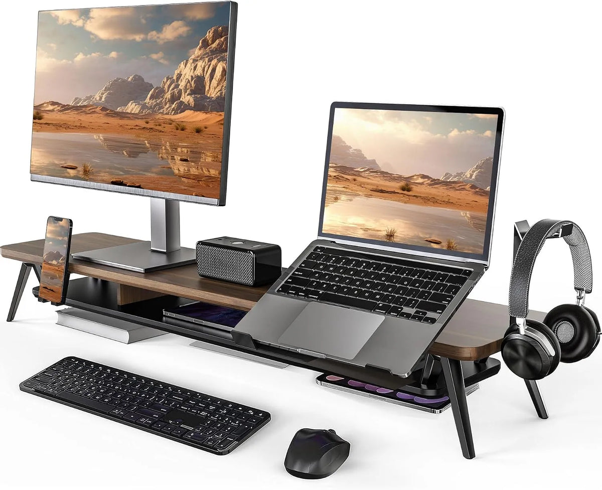 Moniteur, 108cm, portable, écran PC, Support Phone, PC, Tablette, Casque, Charge 45kg, 2 Appareils, Accessoires Montage G, Marron, Pieds Alu
