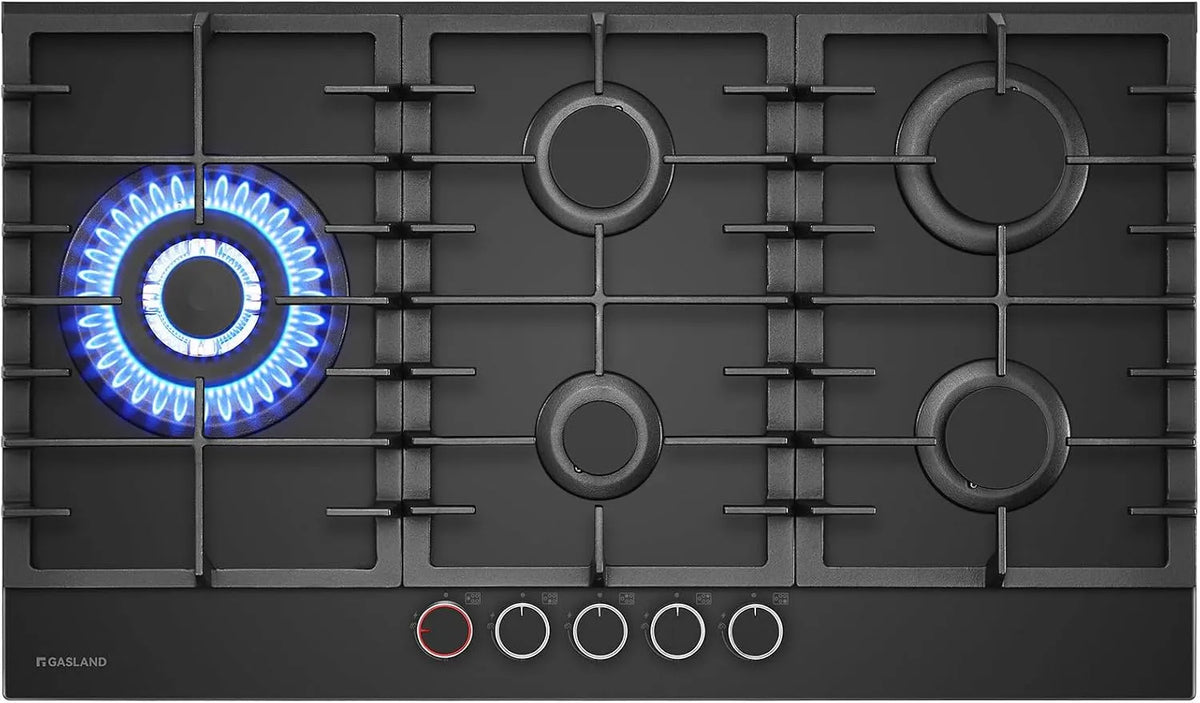Plaque de cuisson à gaz, 87 cm, 10400 W, GASLAND GH2905BG1FC, table de cuisson à gaz, 5 foyers avec boutons rétroéclairés, 2 supports, Réchaud à Gaz