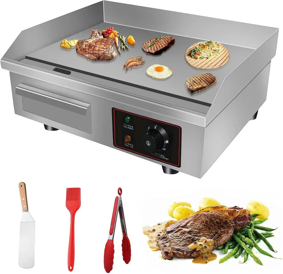 Plaque de cuisson, 540 X 300X8mm, 3000 W, 50 à 300 °C, gril, thermostat, professionnel, acier inoxydable