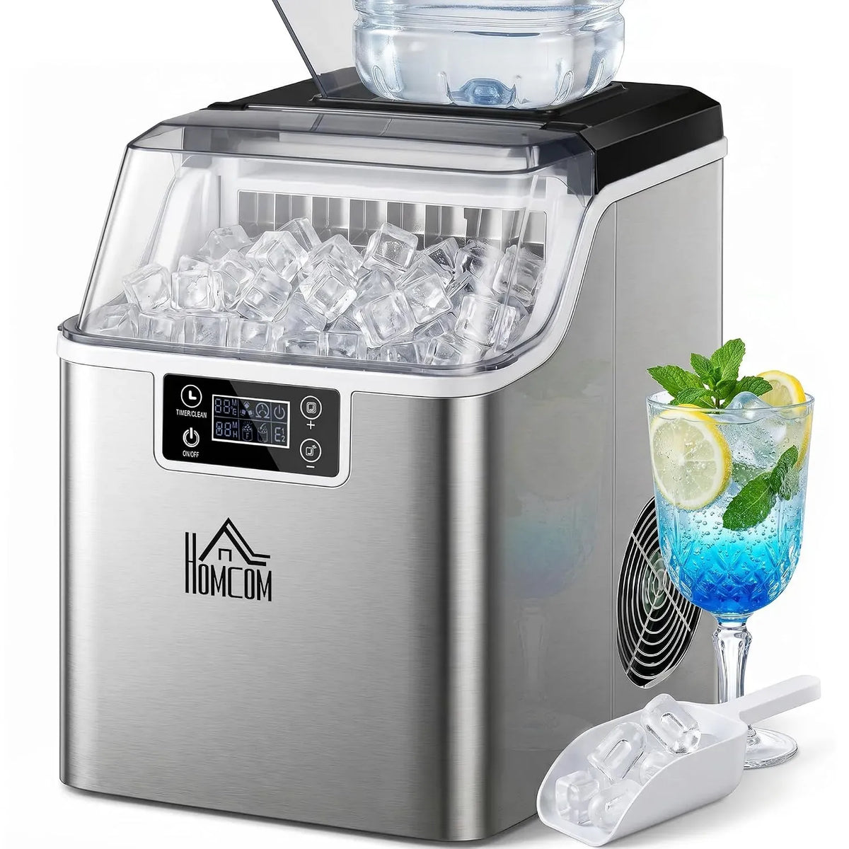 Machine à glaçons, 3.2 L, HOMCOM 20kg/24h, grand réservoir, acier inoxydable, 2 méthodes de remplissage