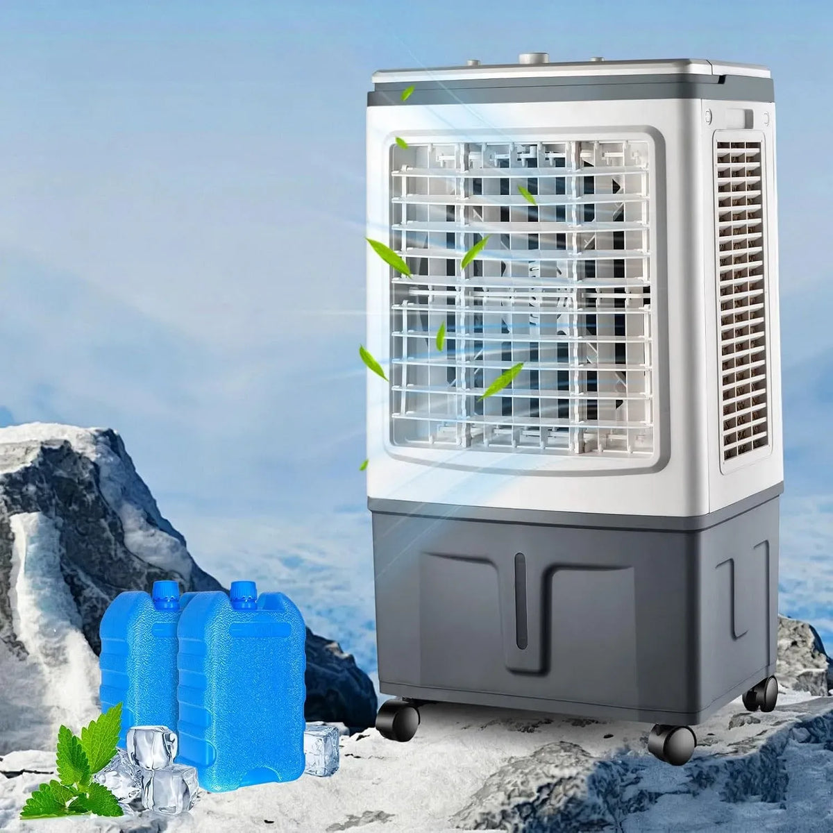 Rafraîchisseur d'air, 30 L, 100 W, 3000 m³/h, portable, 3 vitesses, oscillation, 2 blocs glace, 3 rideaux d'eau, oscillation auto