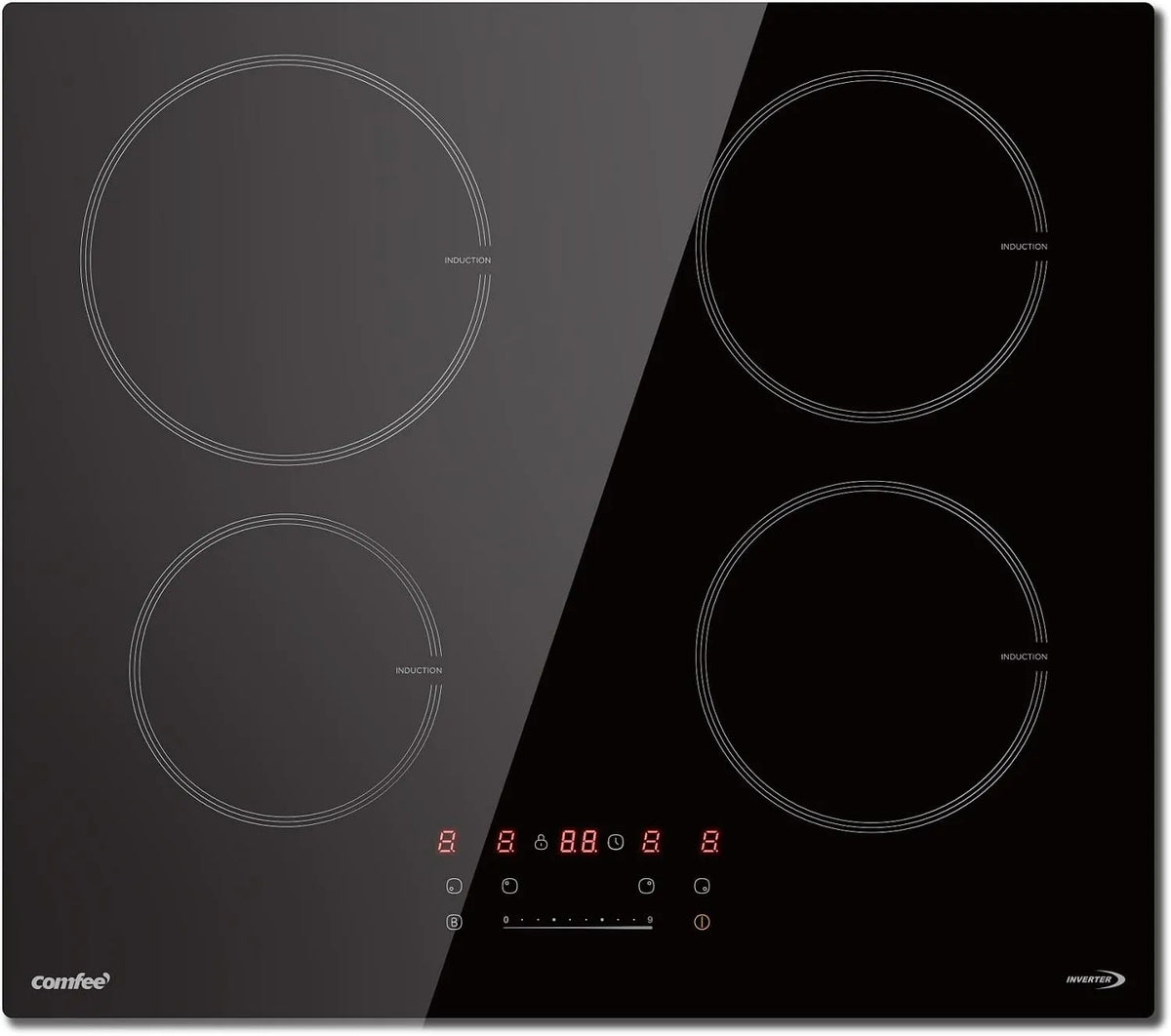 Produit 4 Brûleurs, COMFEE' Table de Cuisson à Induction 7400W, Noir, 9 Niveaux de Puissance, Surface Agrandie de 20%, Fonction Boost, Commande